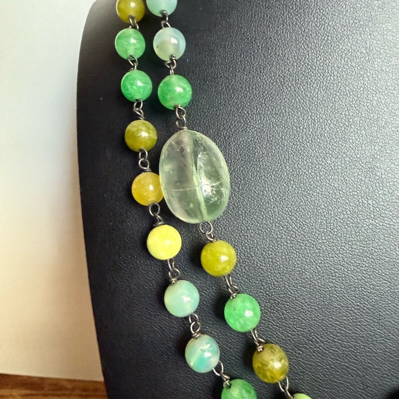 Vintage Rustic Elegant Green and Yellow Beaded Sterling Necklace - Picture 5 of 16